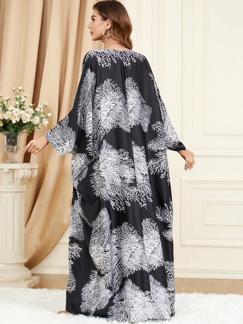 Black Abaya Dubai Printed Maxi Dress Bat Sleeve O-Neck Casual Loose Kimono Arab Ramadan Dresses Muslim Woman Clothing