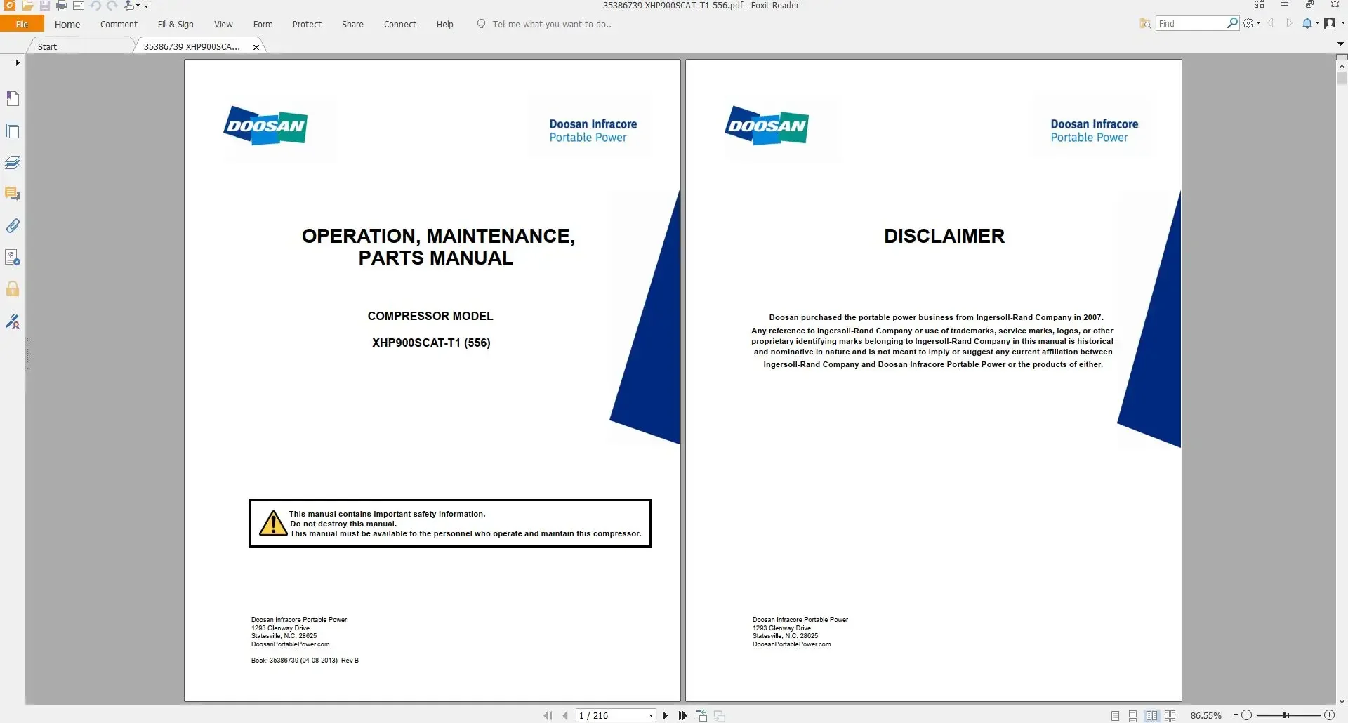 Doosan Ingersoll Rand 17 49 ГБ PDF [03.2019] Деталь Каталог Руководство по эксплуатации и