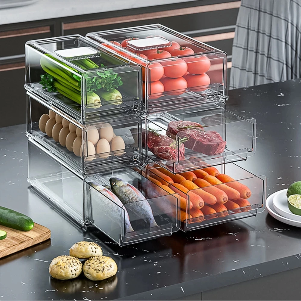 

Refrigerator Drawer Storage Box Fruit Transparent Organizer Bins Vegatable Meat Freezer Fridge Stackable Cabinet Kitchen Items