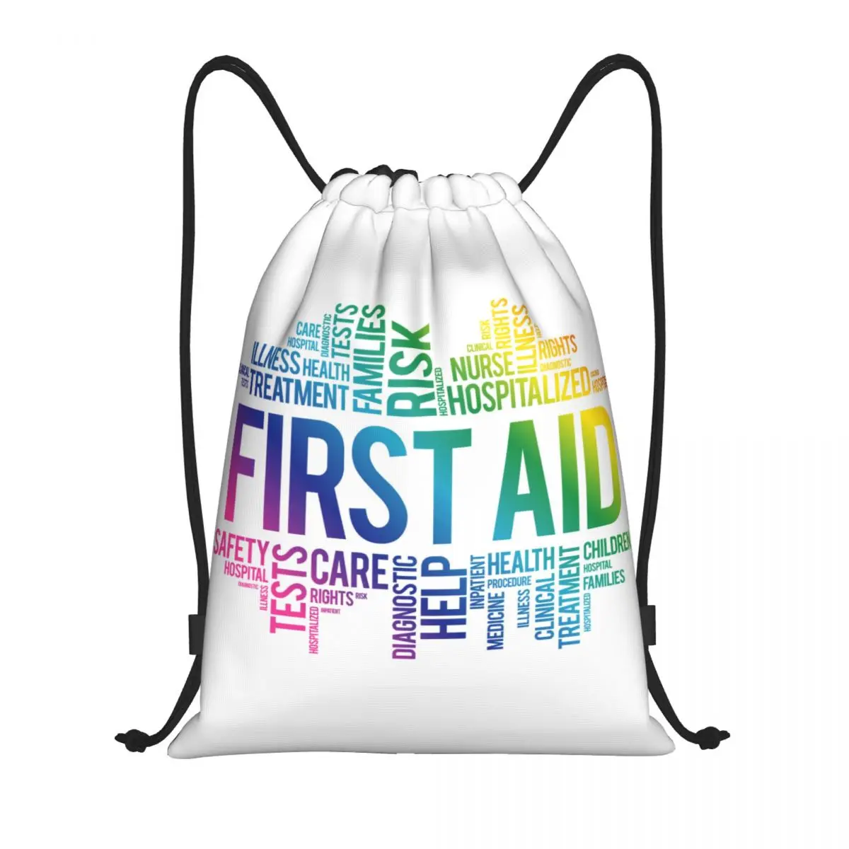 

First Aid Word Cloud Collage Drawstring Bag Men Women Foldable Sports Gym Sackpack Doctor Nurse Training Storage Backpacks
