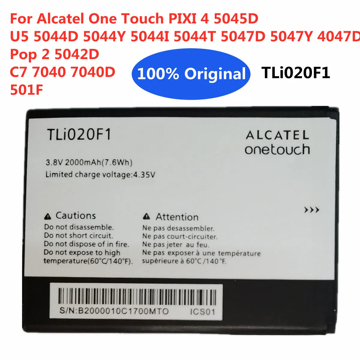 

New TLI020F1 Phone Battery For Alcatel One Touch PIXI 4 5045D U5 5044D Y I T / 5047D 5047Y 4047D Pop 2 5042D C7 7040 7040D 501F