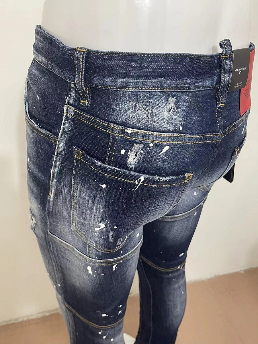 2023 spring and autumn new jeans D2 jeans three-dimensional cutting slim casual wash blue micro bullet patch