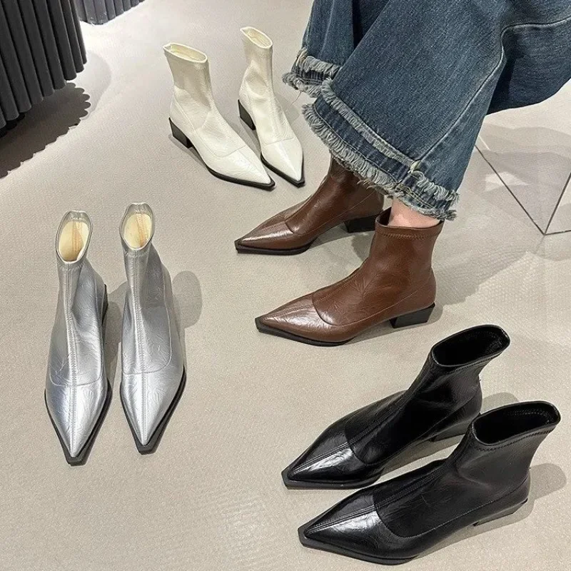 2025 женские ботильоны из натуральной кожи на молнии массивном каблуке с острым