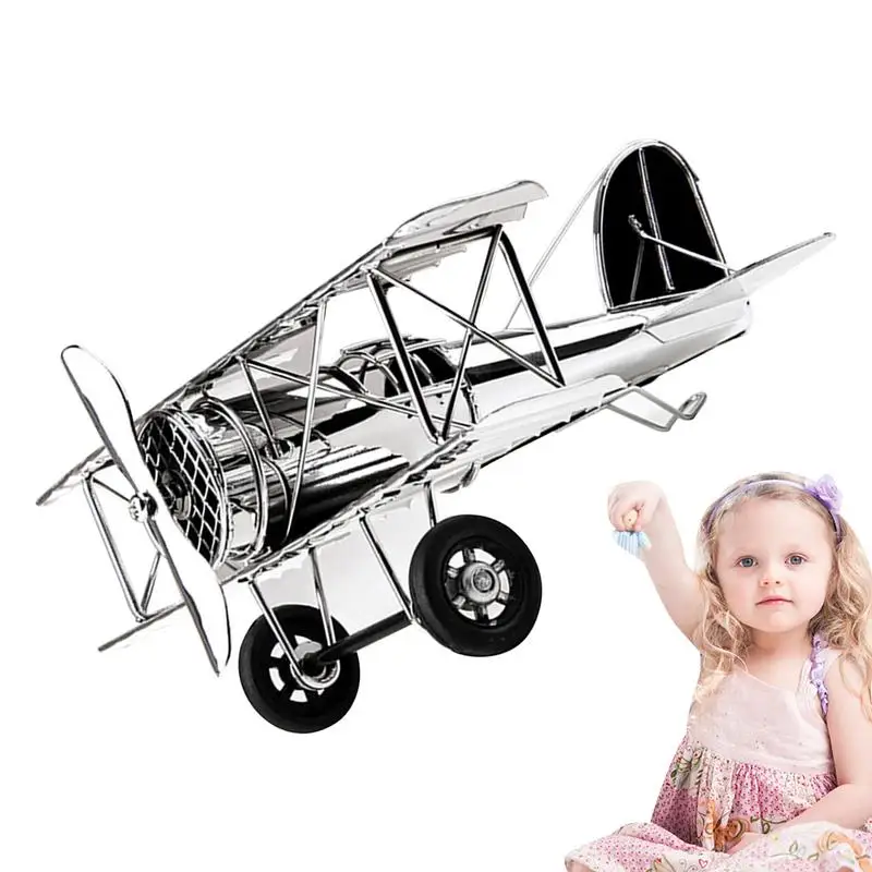 

Toy Planes Vintage Model Ornaments Silver Electroplated Aircraft Glider Biplane Kids Toy And Photo Props Wine Cabinet Home