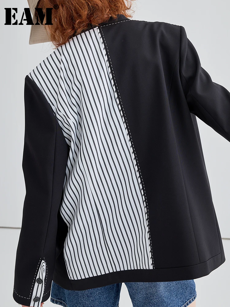 

[EAM] Women Black Back Striped Big Size Blazer New Lapel Long Sleeve Loose Fit Jacket Fashion Tide Spring Autumn 2022 1DF0326