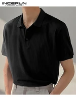 incerun tops 2022 korean style men lapel knitted blouse casual simple male solid all match pit strip short sleeved shirts s 5xl