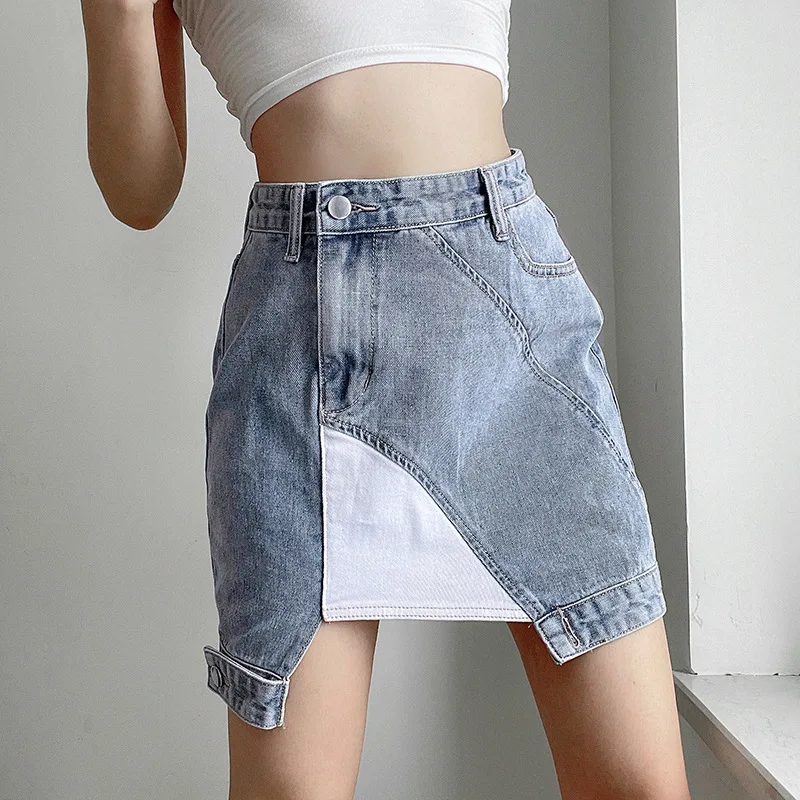 

New 2022 Summer Women's Casual Fashion Split Contrast Denim Skirt