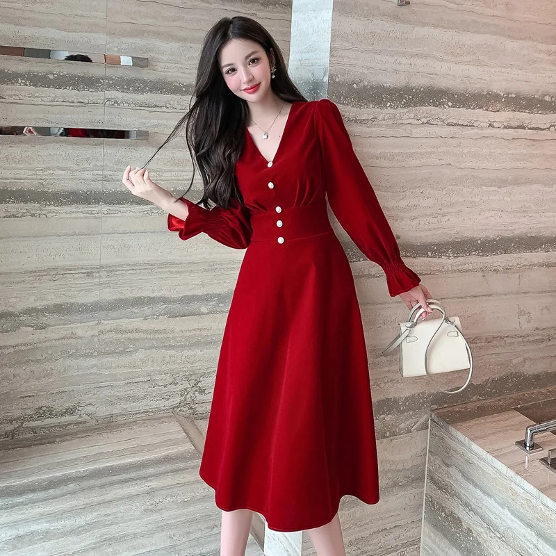 

Spring Autumn Red Long Sleeve V-Neck Midi Dress 2022 Korean Vintage Office Lady Dress Women Elegant Bodycon Casual Party Vestido