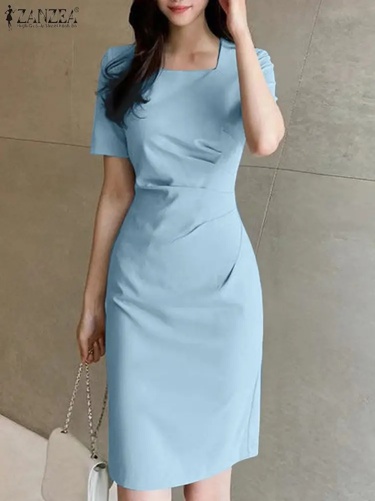 

Платье ZANZEA женское с коротким рукавом, Модный Элегантный Приталенный сарафан в винтажном стиле, однотонное модное боди с квадратным вырезом, на лето