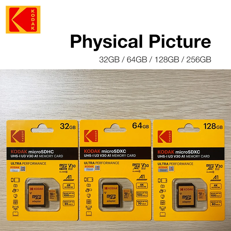 Карта памяти Kodak Micro SD 128GB 64GB 256GB 32GB высокой скорости памяти U3 A1 V30 класса 10 TF для адаптера, бесплатная доставка.