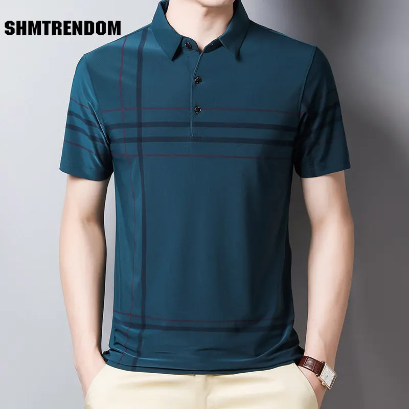 

SHMTRENDOM Summer Plaid Polo Shirts High Quality Short Sleeve Business Casual Man Tops Simple Fashion Simple Ice Silk Male Tees