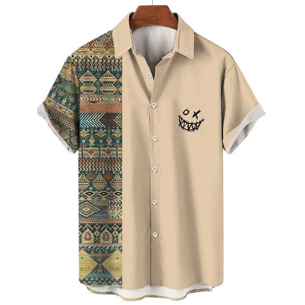 

Men'S Shirt 3D Printing Shirts Lapel Blouse Oversized Short Sleeve Ethnic Style Male Clothing Tops Outdoor Streetwear For Summer