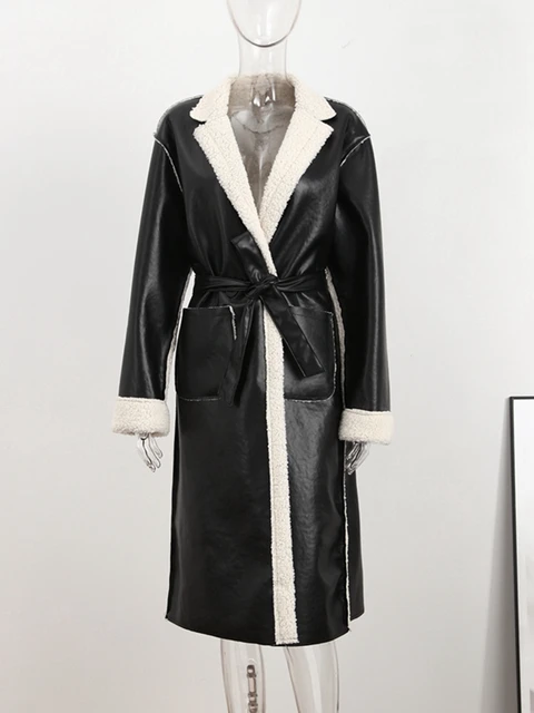 Faux Leather Panelled Turndown Collar Overcoat 5