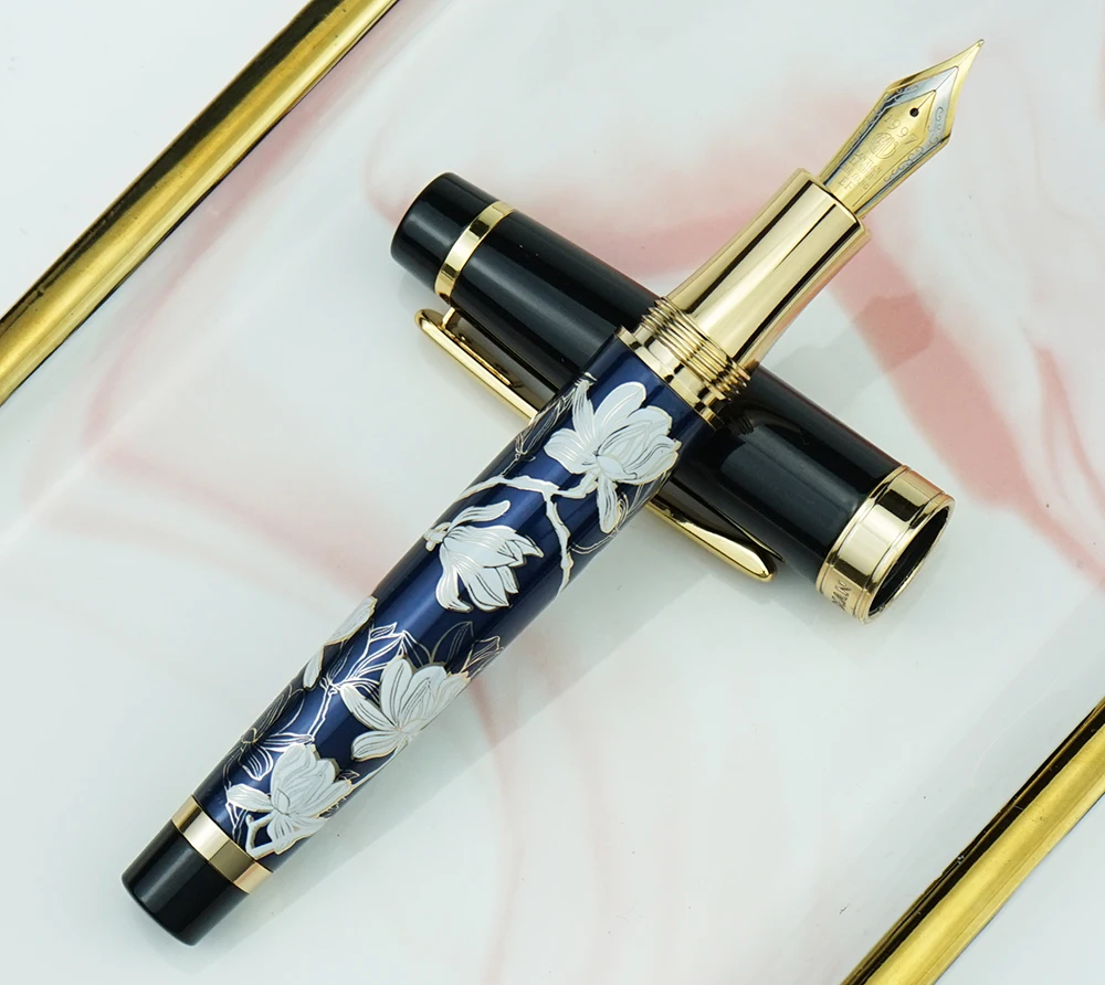 

HongDian Metal Fountain Pen Hand-Drawing Blue Flowers Iridium EF/F/Bent Nib Ink Pen Excellent Writing Gift Pen for Business