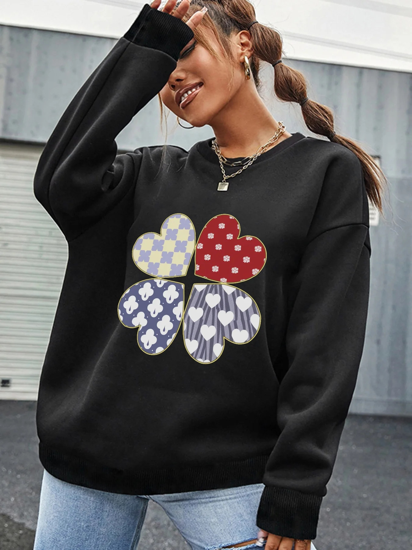 2024 зимние пуловеры женские толстовки с принтом четырехлистного клевера блузки