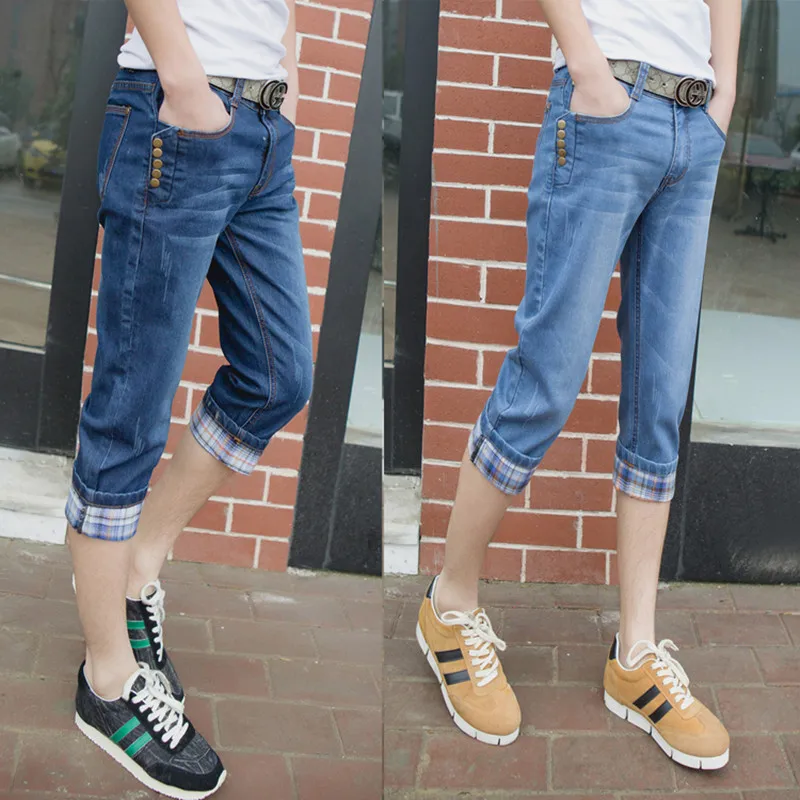 

Fashion 2022 Summer Casual Thin Jeans Men Teenagers Feet Capri Cuffs Hip Hop Pants Elastic Seven Slacks Biker Denim Overalls Men