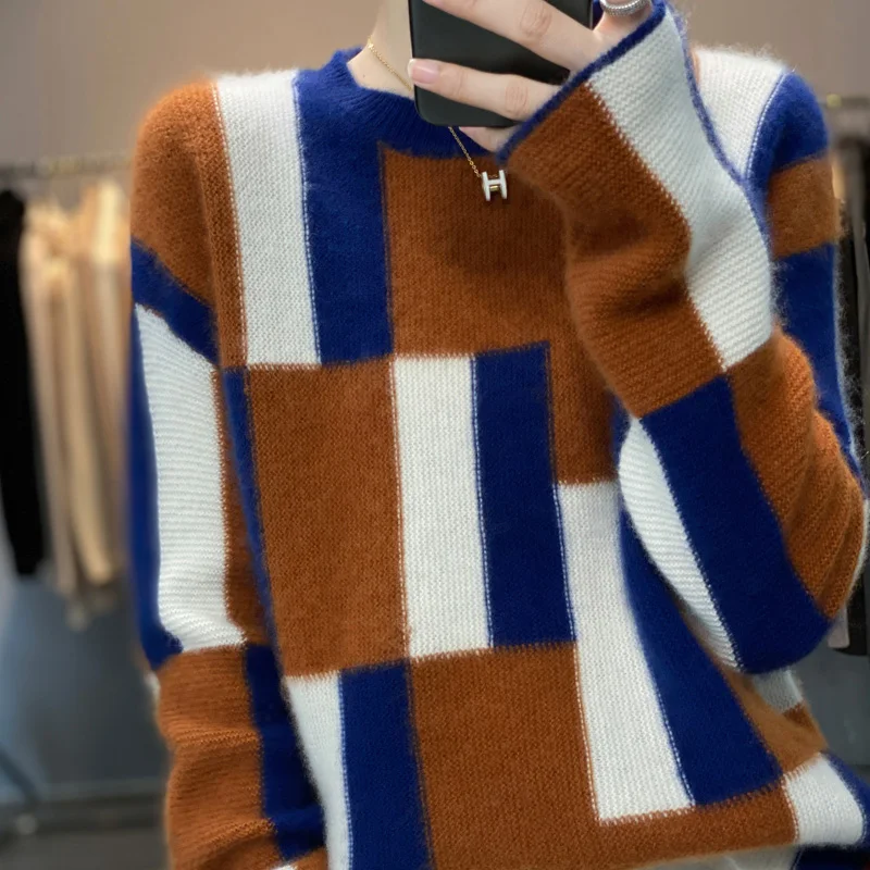

Кашемировый свитер, женская трикотажная одежда контрастных цветов, Модный пуловер, новинка зимнего сезона, Свободный пуловер для ленивых женщин