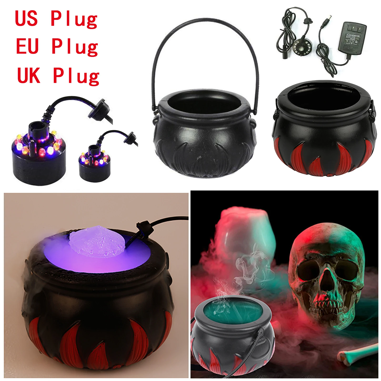 Halloween Witch Pot Smoke Machine Color Changing Mist Maker Fogger Water Fountain Fog Machine Changing Party Prop DIY Decor