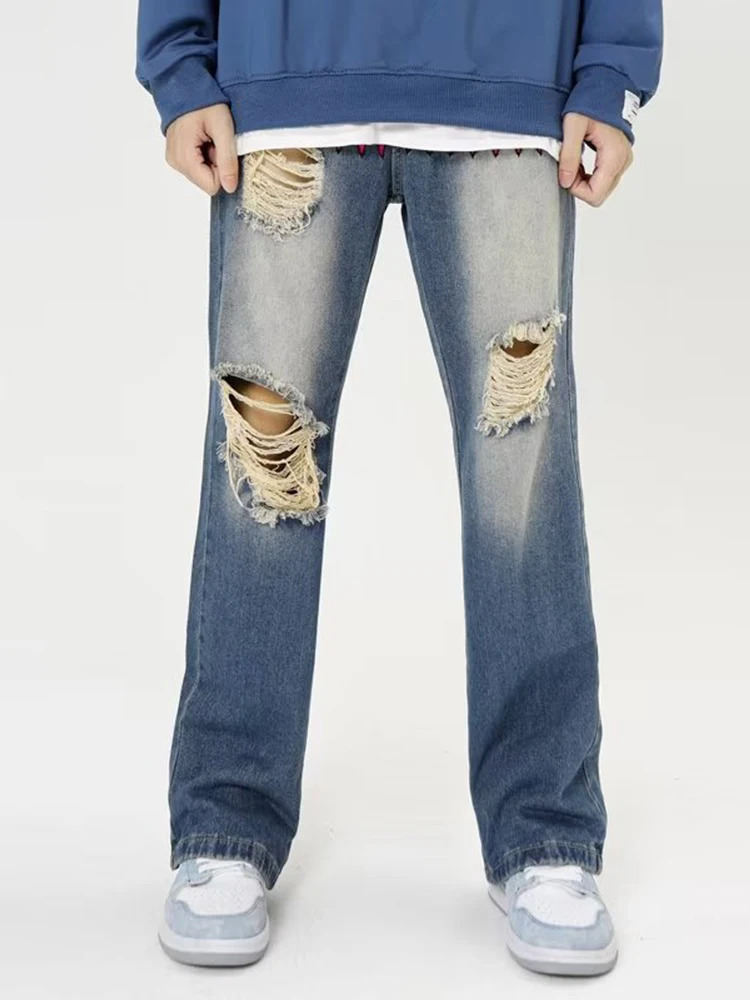 YIHANKE Leather Cross Embroidery Travis Scott Punk Men Baggy Jeans Pants Hip Hop Straight Hole Ripped Kpop Women Denim Trousers