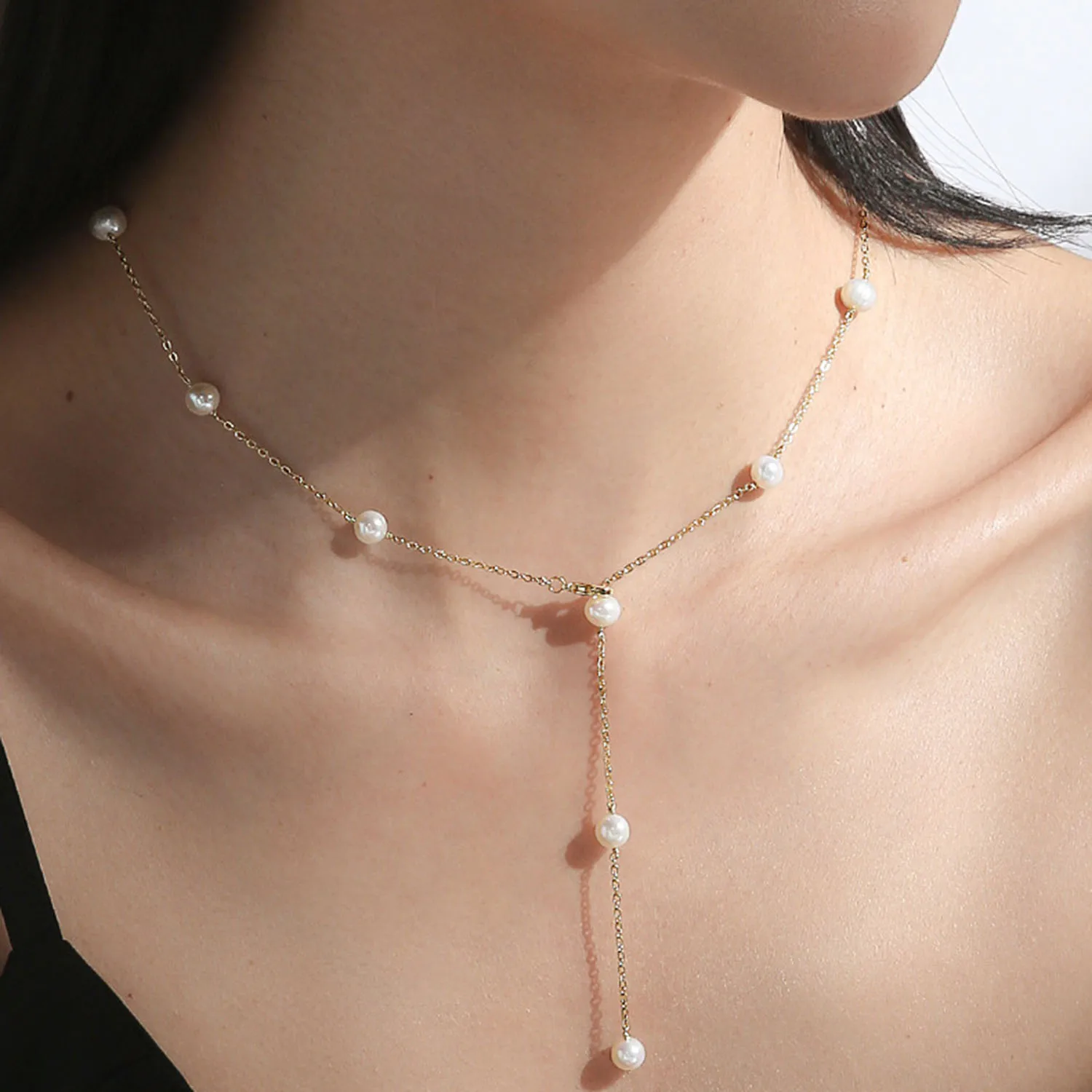 

Fashion Simple Long Imitation Pearl Choker Necklaces for Women Sexy Tassel Pearl Gold Silver Color Chain Necklaces Party Jewelry