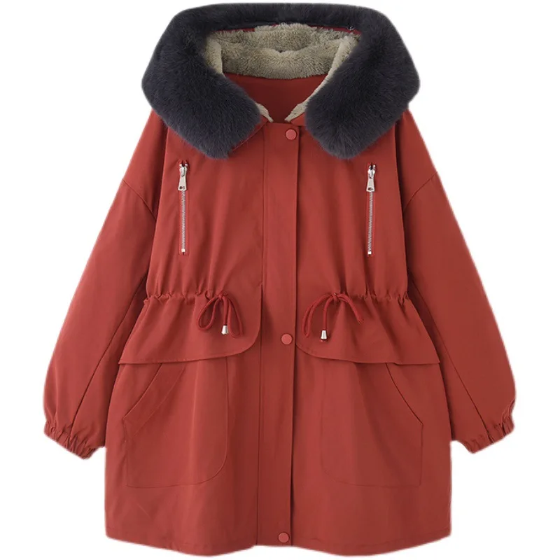 Winter new big fur collar waist cotton clothes mid-length knee thick parker cotton dress women