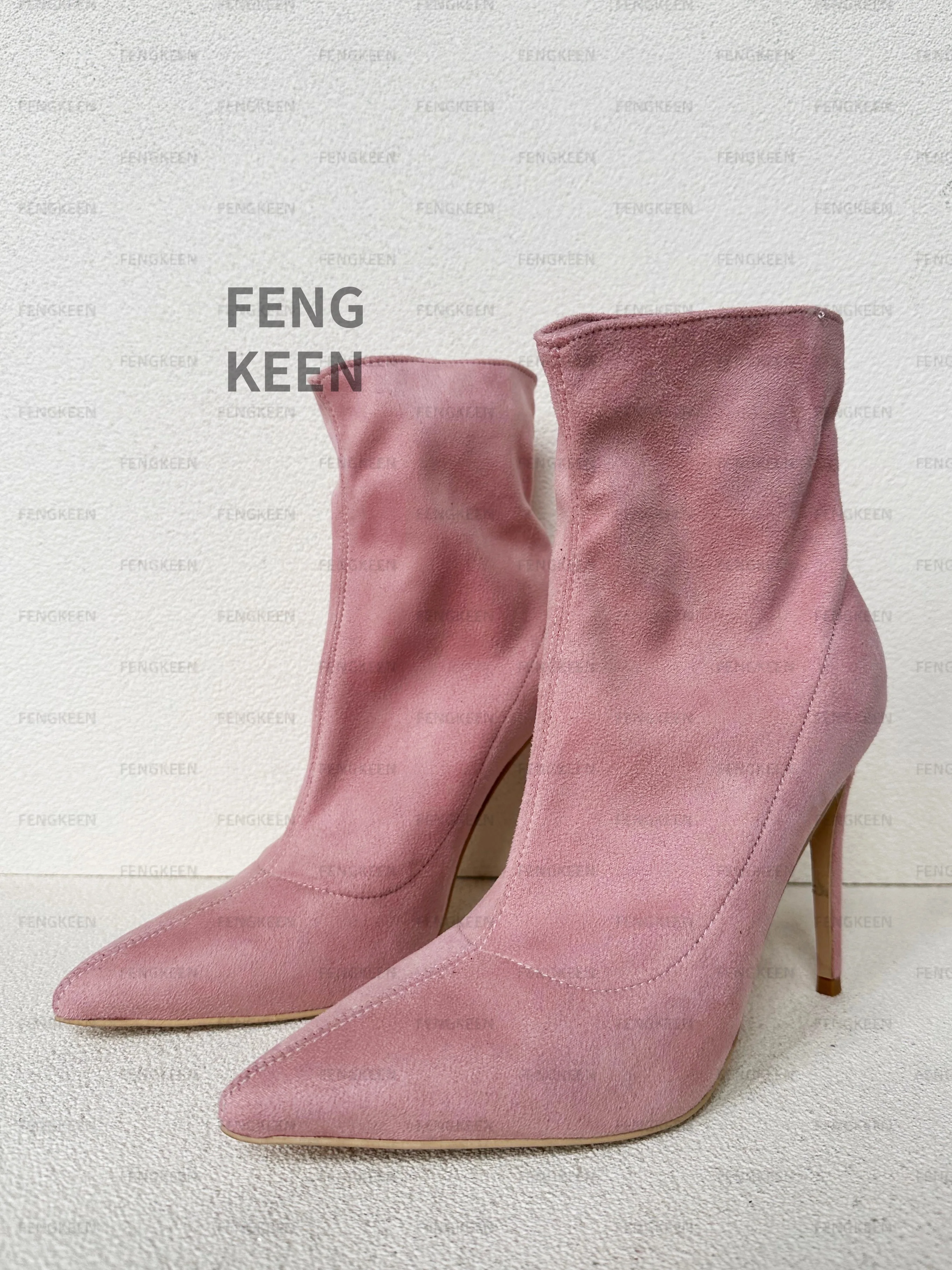 

FENGKEEN Handmade Women's Men Stiletto Big Large Size Designer Pink Suede Microfiber Ankle High Heeled Boots Bootie 14 47