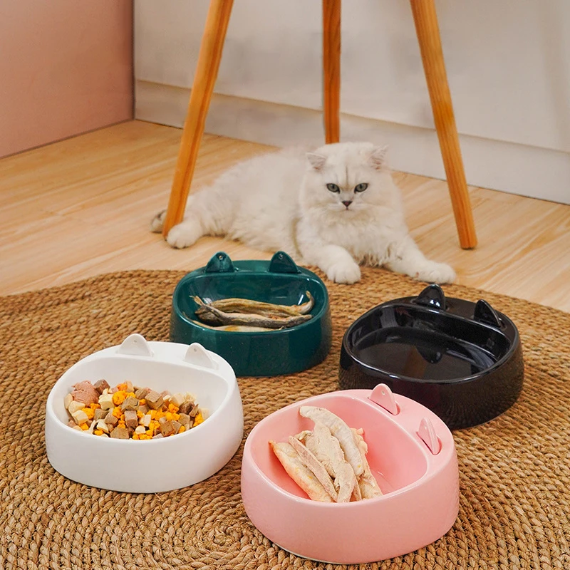 

Керамическая миска для пищевых продуктов для кошек, нескользящая миска для еды для маленьких собак, миски с ложкой, милая форма кошачьих уше...