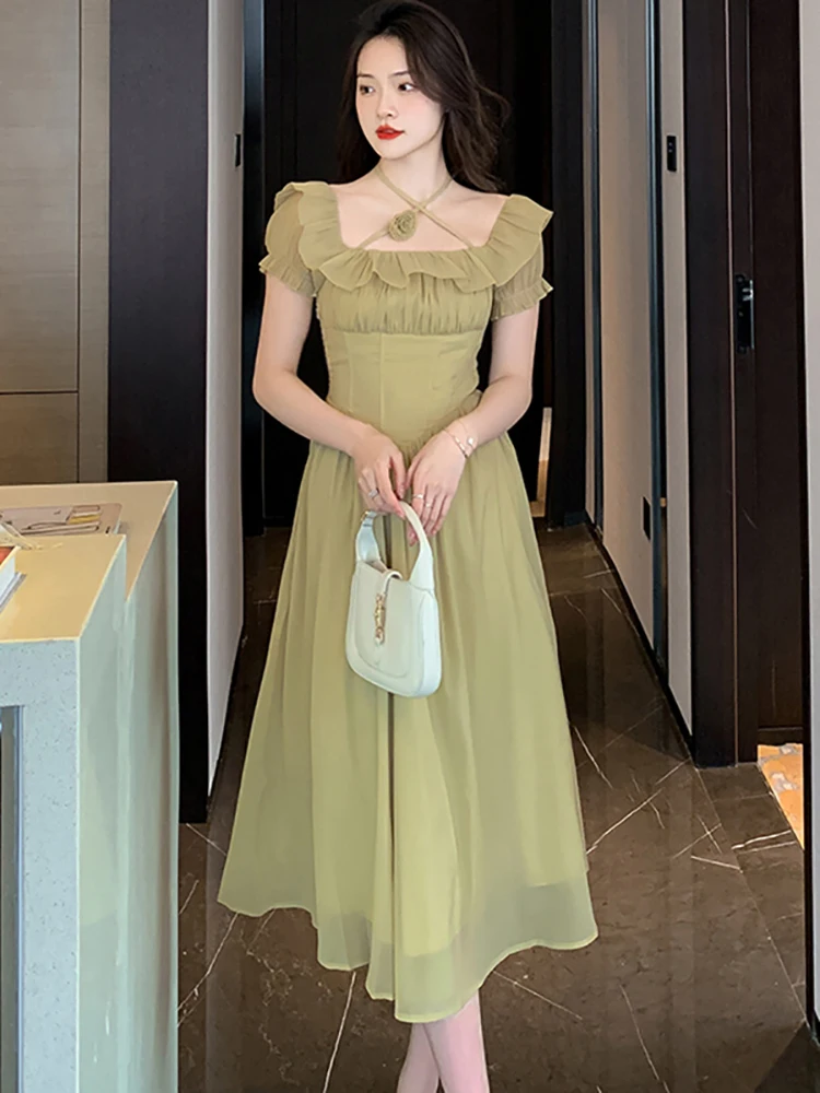 

Женское Сетчатое платье с пышными рукавами, Длинное Зеленое облегающее пляжное платье с оборками и квадратным вырезом в Корейском стиле, лето 2023