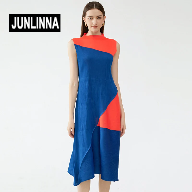 JUNLINNA One Size Pleated Dresses Summer Women Half High Collar Sleeveless Patchwork Colours Strecth Midi Vestidos