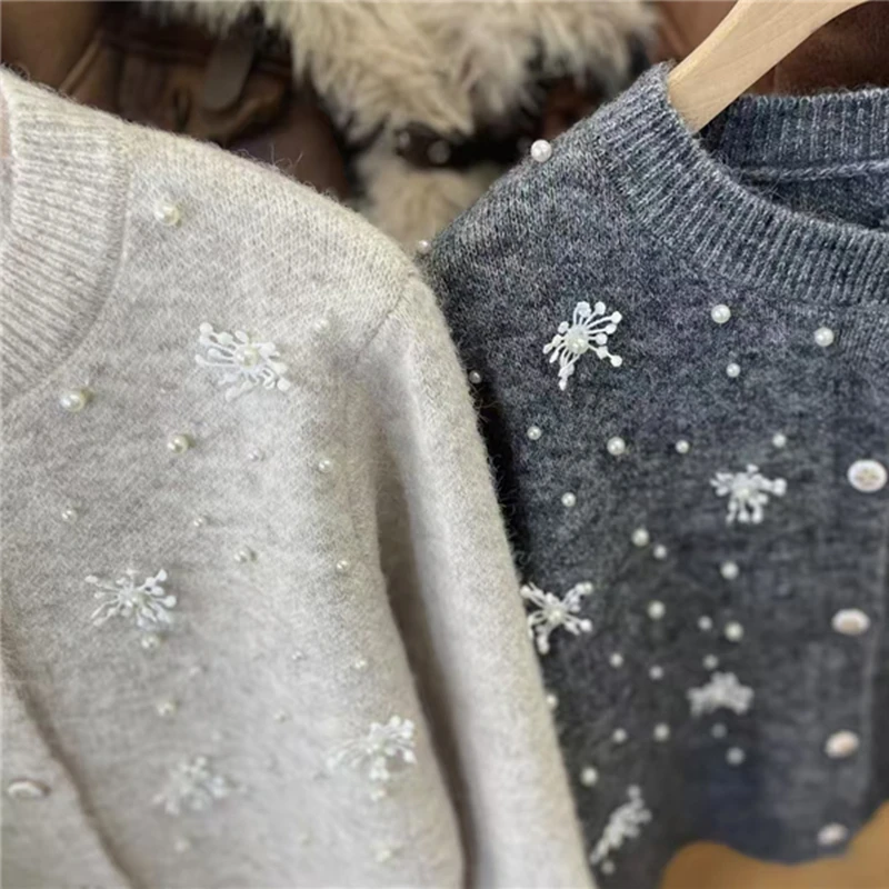 Французский вязаный кардиган со снежинками и бисером женский свитер осенний