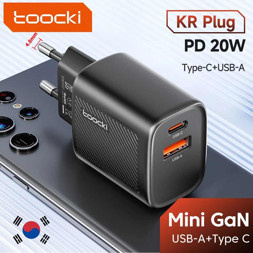 Toocki Зарядное устройство GaN USB Type C 20 Вт с вилкой KR для iPhone 16 15 14 13 12 iPad Samsung Xioami Mnini PD