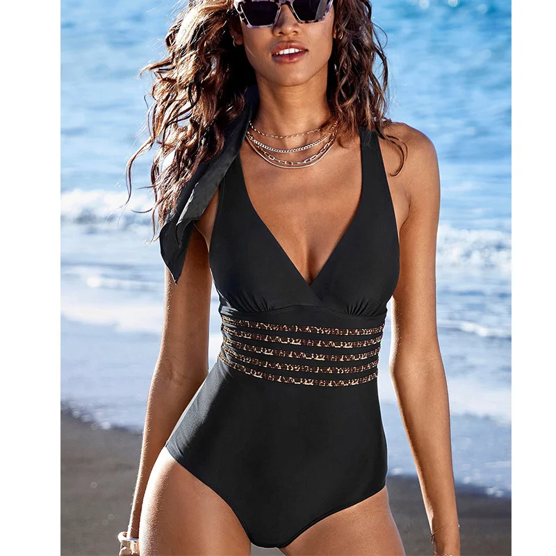 

2023 New V Neck Push Up One Piece Swimsuit Women Beach Bathing Suits Monokini Swimming Suits Beachwear