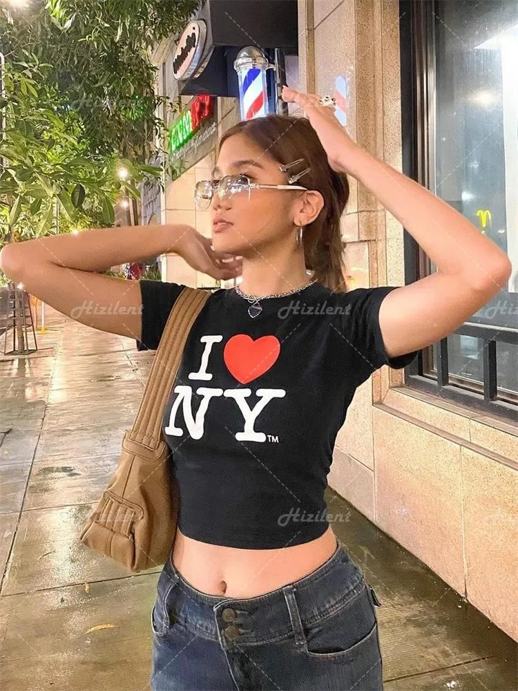 

Кроп-Топ женский с коротким рукавом, Милая футболка в стиле Харадзюку, тонкая футболка с графическим принтом, винтажный Топ в стиле панк, лет...