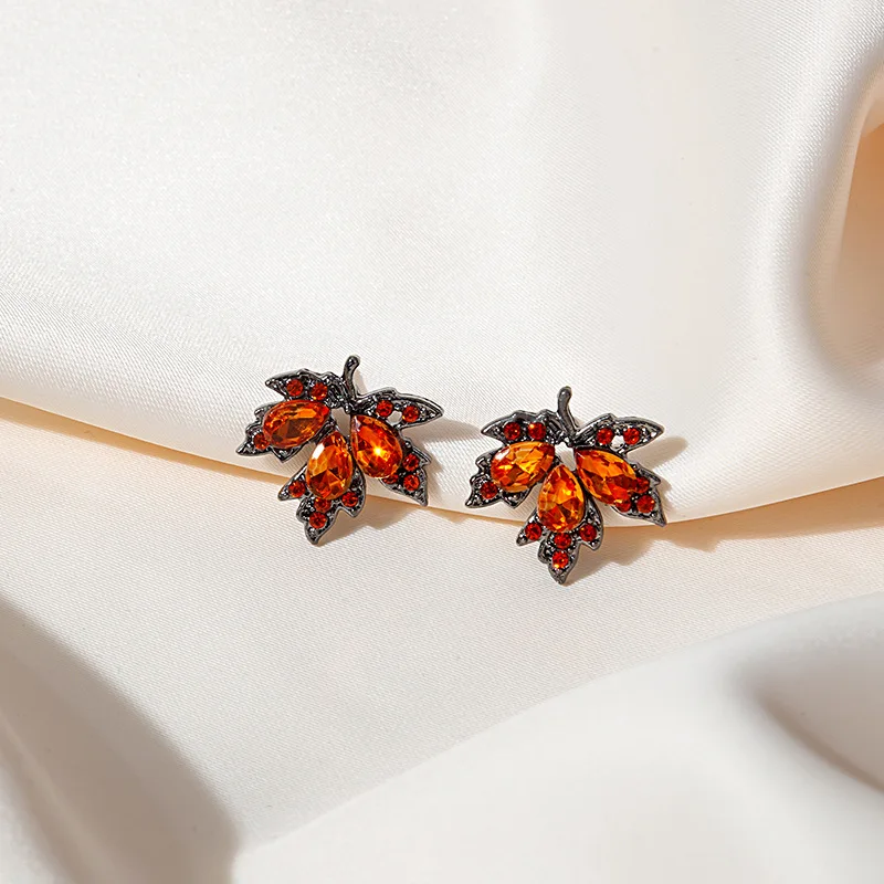 

925 Silver Needles Micro Inlaid with Diamonds Red Zircon Red Maple Leaf Earrings Retro Literary Temperament Girl Ear Jewelry