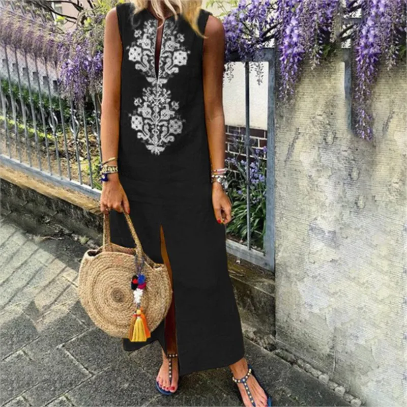 Skirt Long And Ankle Loose And Comfortable Front Split Sleeveless Cotton Linen Female Dress