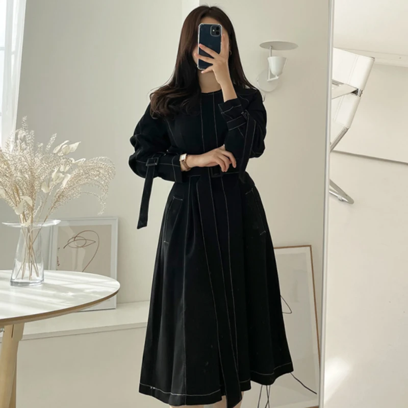 Купи Korean Fashion Pleated Midi Dress Woman OL Office Round Neck Long Sleeve High Waist Lace-up A Line Dresses Female Dropshipping за 1,089 рублей в магазине AliExpress