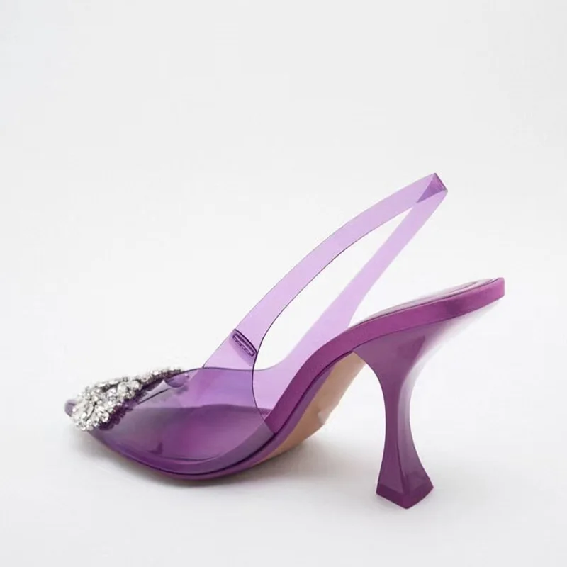 TRAF Purple Rhinestone High Heels Woman Pumps Summer 2022 Transparent High Heels Women Muller Heeled Luxury Brand Woman Shoes