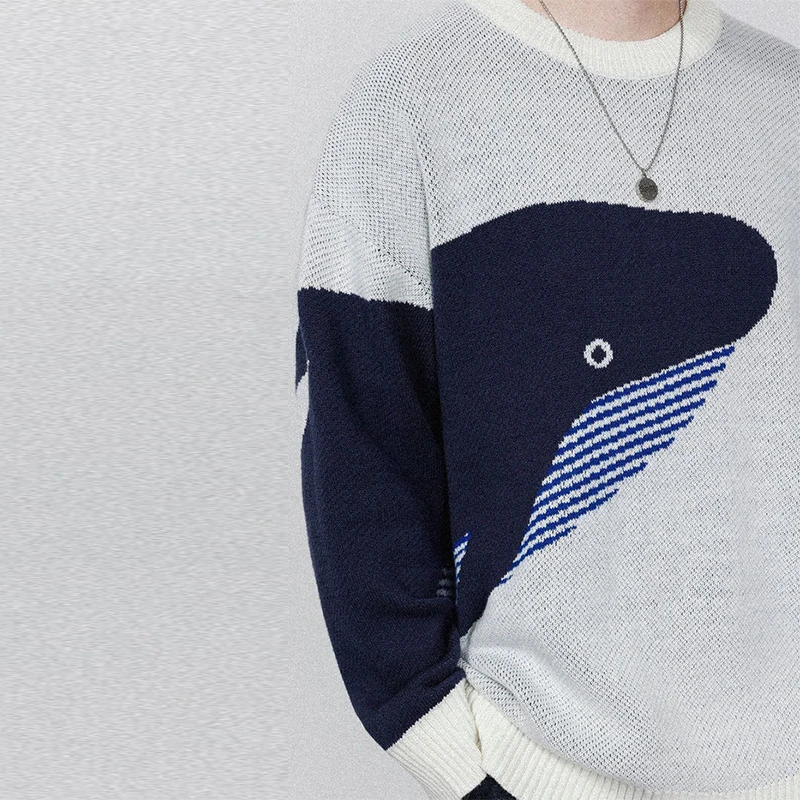 2024 осенне-зимний новый повседневный топ вязаный свитер Y2K с синим китом теплый