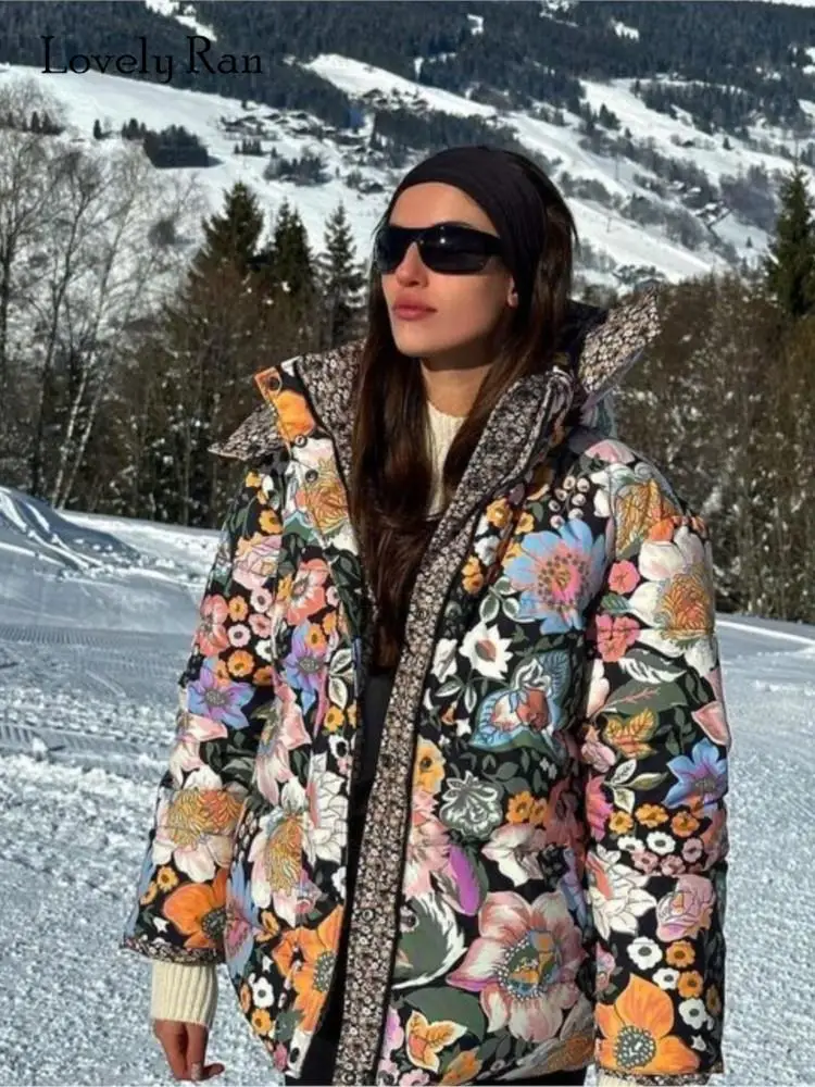 

Vintage Spliced Hooded Print Cotton Jacket For Women 2023 Autumn Winter Long Sleeve Warm Coat Lady Commute Streetwear Overcoat