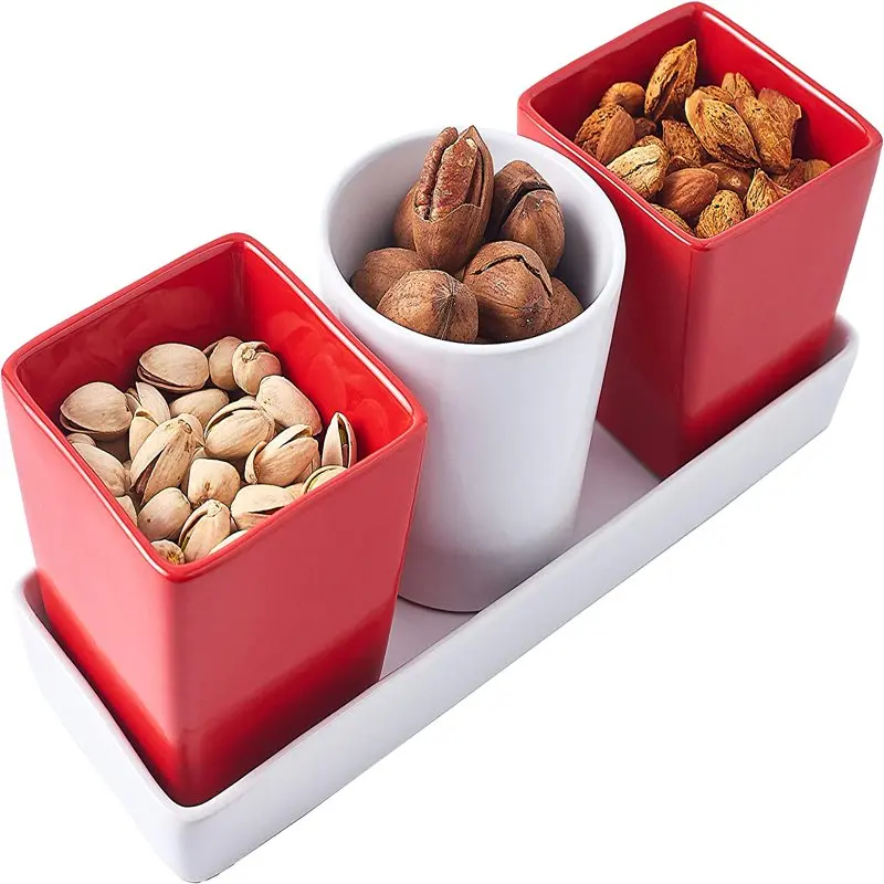 

4-Piece Ceramic Tray with Three compartment serving Bowl Dishes, Modern and versatile design Dining serve-ware, Matte Black