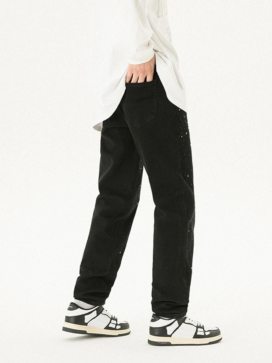 European and American High Street Starry Black Jeans Men Elastic Loose Straight Tube Hot Drill Trousers Fashion Men Ins Hot Sale