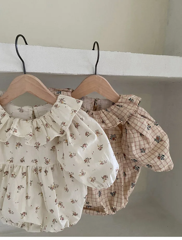 2022 Spring New Baby Girl Long Sleeve Bodysuit Cute Little Girl Ruffle Collar Floral Jumpsuit Princess Baby Girls Party Clothes