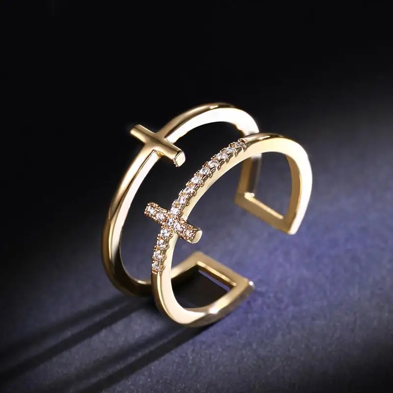 

HOYON 18 K silver 925 color double-layer cross open ring women's rose gold diamond index finger ring hipster student jewelry