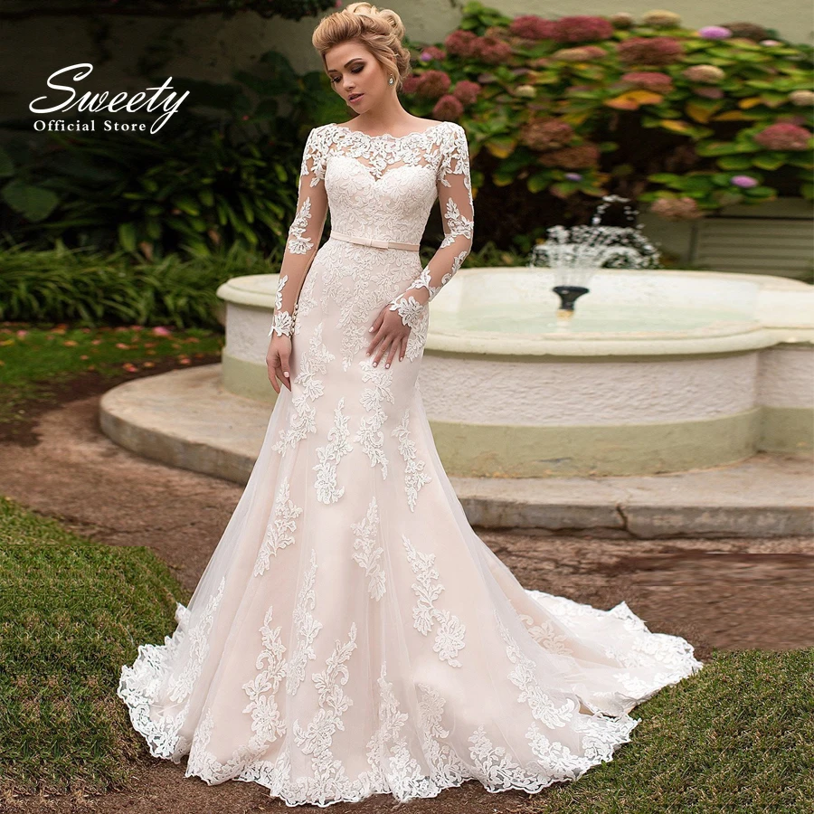 

Elegant Wedding Dress Embroidered Lace On Net With Mermaid Slim-line O-neck Full Sleeve Bride Dress Lace Up Vestido De Novia