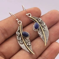 vintage leaf drop earrings for women tribal jewelry blue resin stone two tone metal plant dangle earring accessories gift
