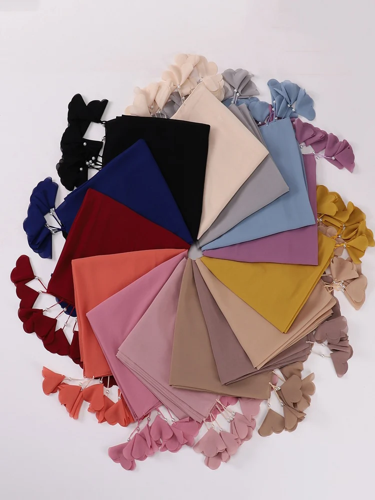 Designer Solid Color Bubble Chiffon Hijab Scarf Women Long Soft Wrap Scarf Shawl Scarves Femme Muslim Hijabs Heart Tassel Scarf