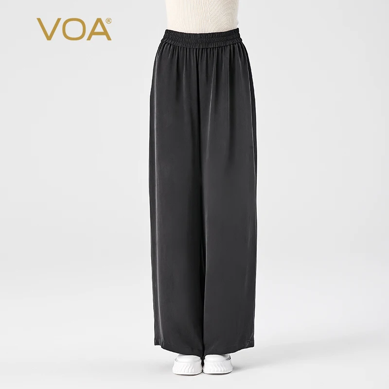 

(Fans Exclusive Discount) VOA Heavyweight Silk Black Elastic Waist Trousers Office Versatile Distressed Straight Pants KE893