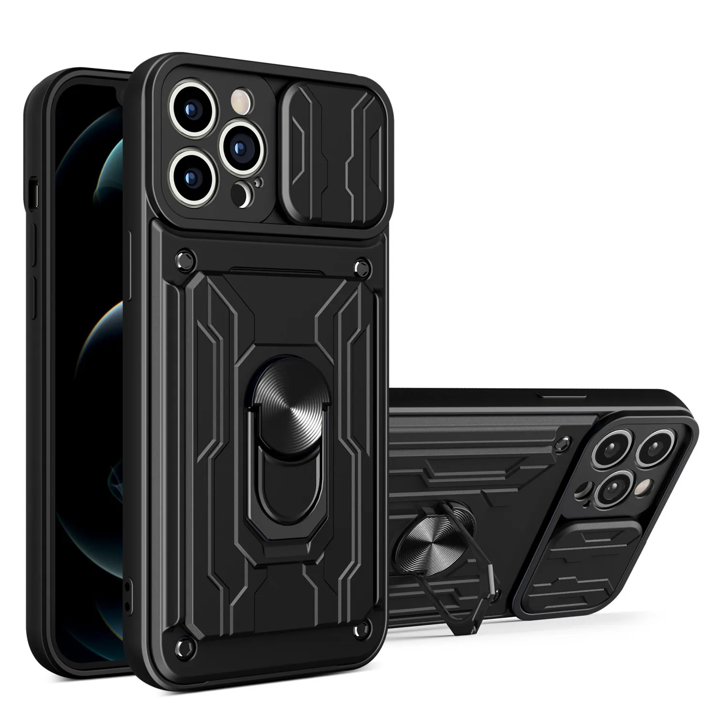 

Car Magnetic Card Holder Phone Case For iPhone 14 13 12 11 ProMax Xs XR 6 7 8 Plus Armor Stand Push Window Camera Protect Cover