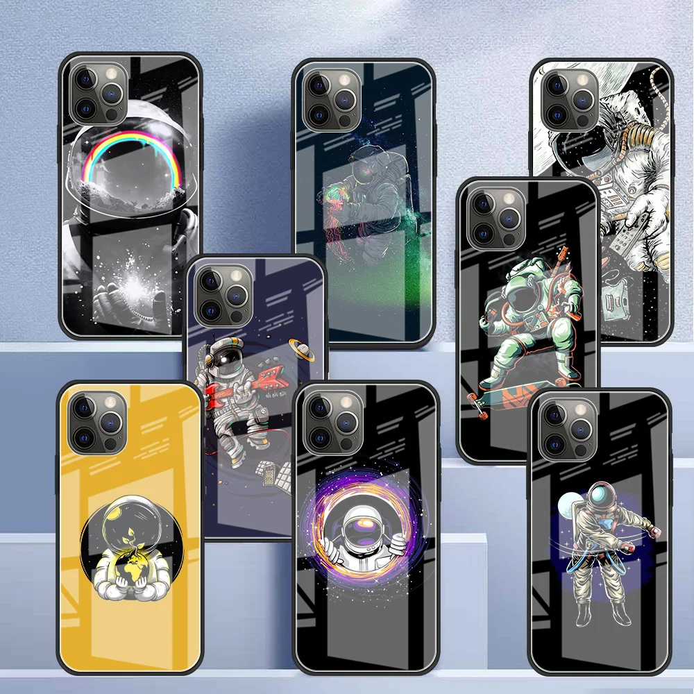 

Cartoon Astronaut Cute Glass Case For Apple iPhone 13 11 12 Pro 7 XR X XS Max 8 6 6s Plus SE 2022 13Pro Tempered Phone Shell