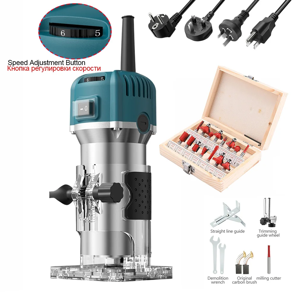 800w 30000rpm Manual Wood Router Woodworking  Electric Trimmer With Milling Cutter Machines Power Carpentry Tool Combo Kit